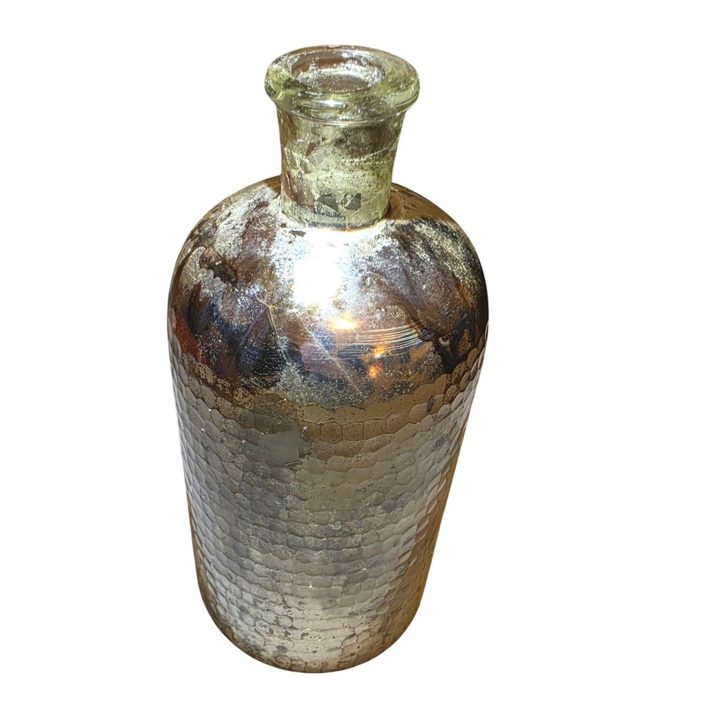 Vintage Mercury Glass Bottle Vase Hammered Silver Distressed Apothecary Decor
